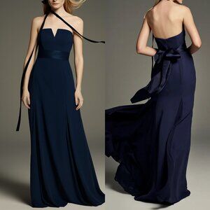 Vera Wang White V-Wire Bow Strapless Bridesmaid Maxi Dress Navy 6